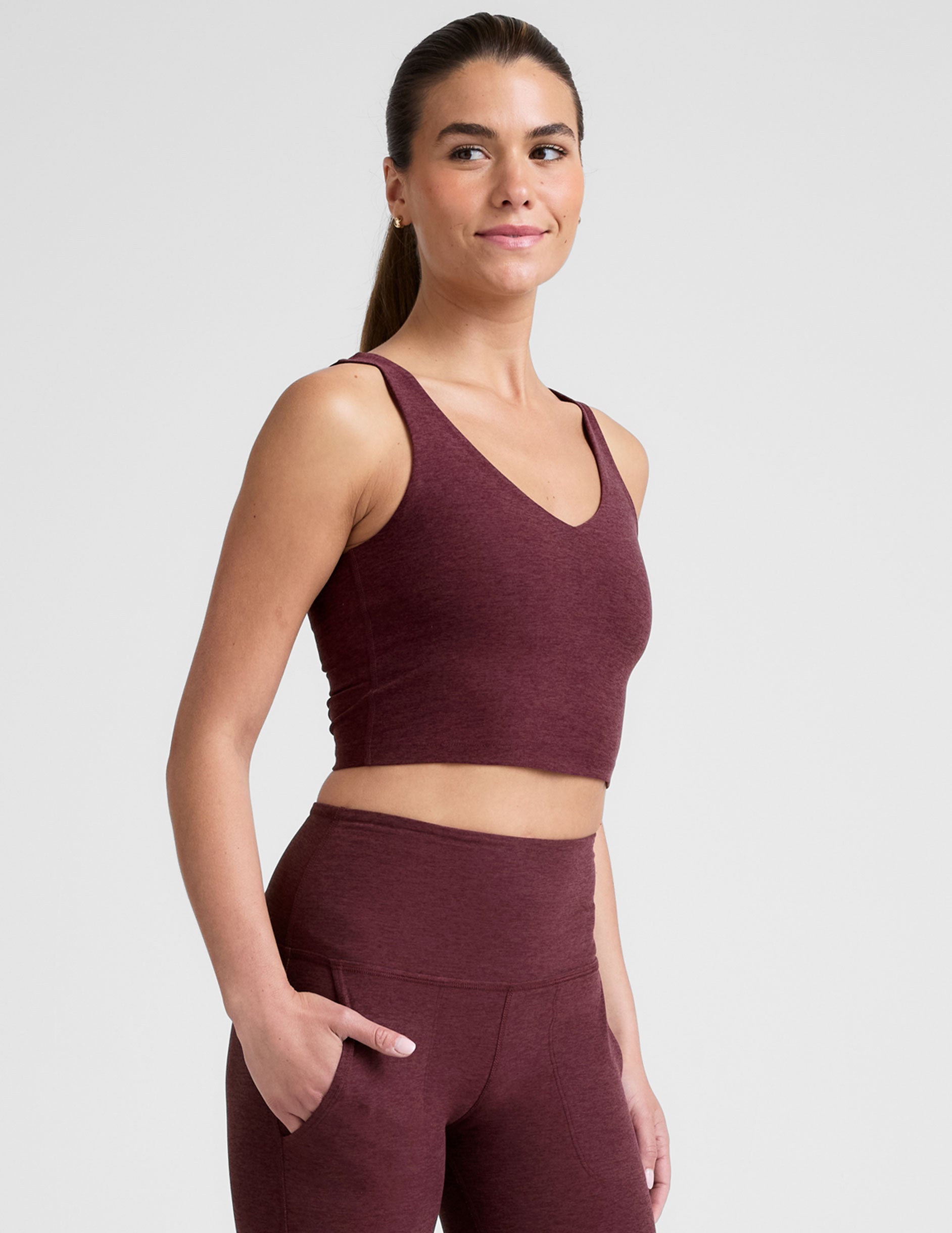 red cropped tank top with a soft front and back v-neck.