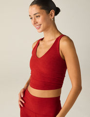red cropped tank top with a front and back v-line.