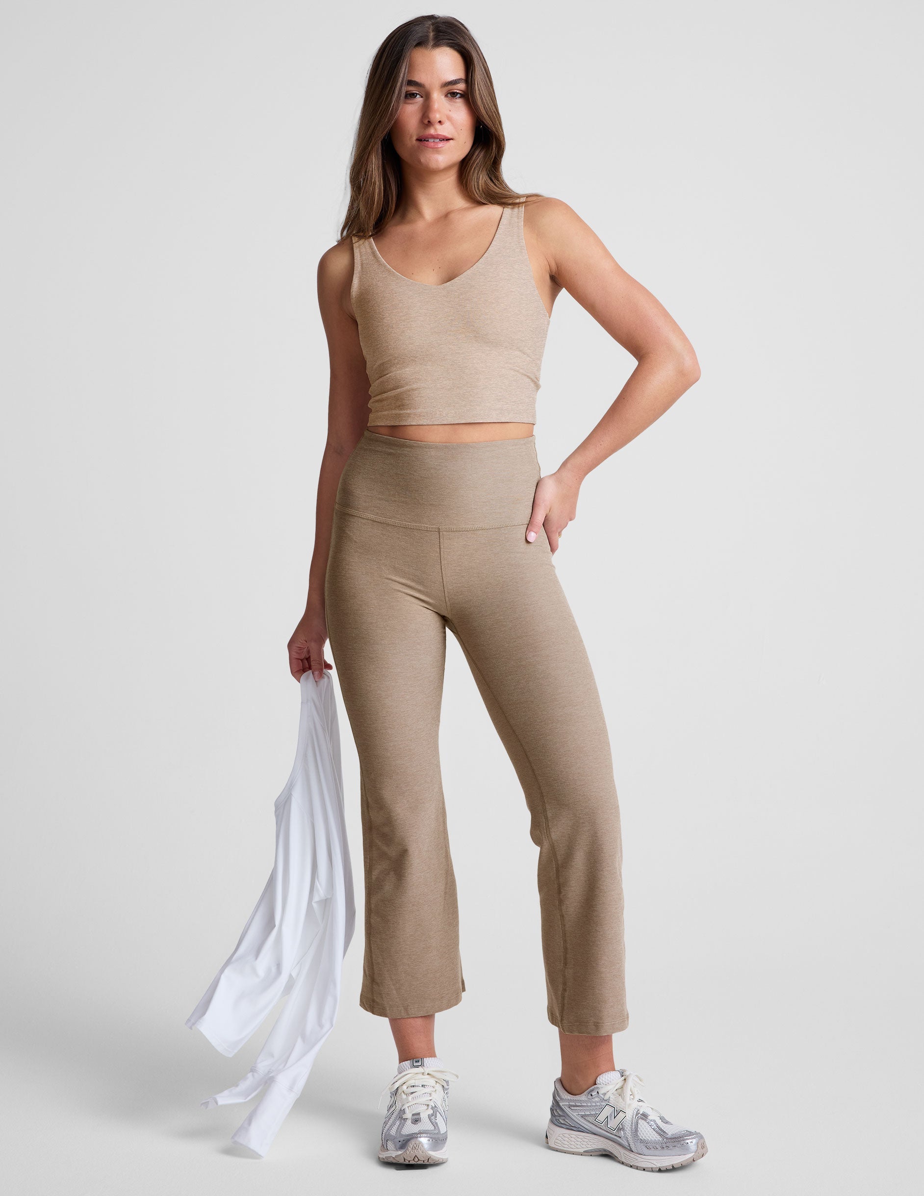 brown cropped tank top with a front and back v neckline.