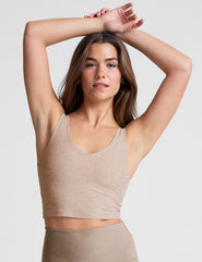 brown cropped tank top with a front and back v neckline.