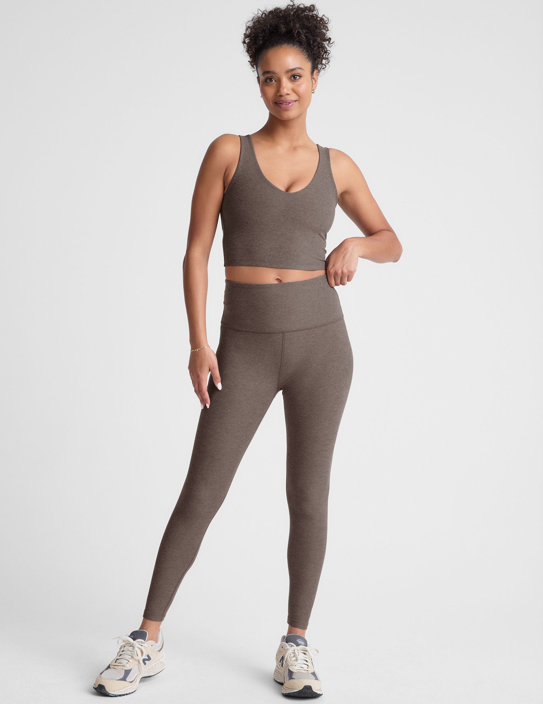 brown v-neck cropped tank top.