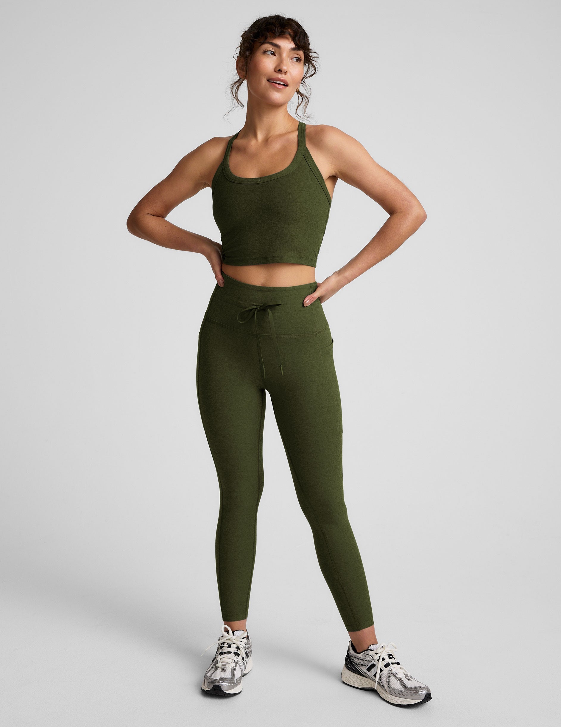 green v-neck cropped tank with a high racerback.