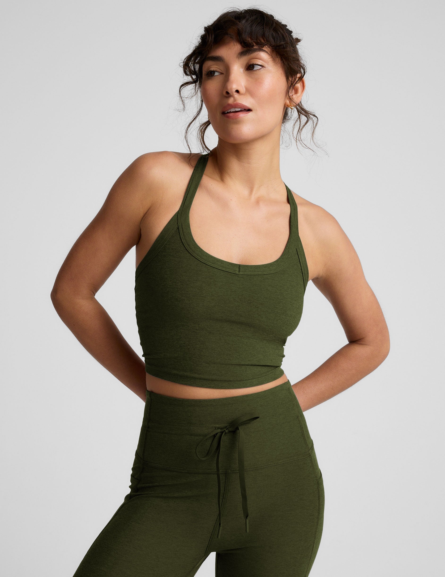 green v-neck cropped tank with a high racerback.
