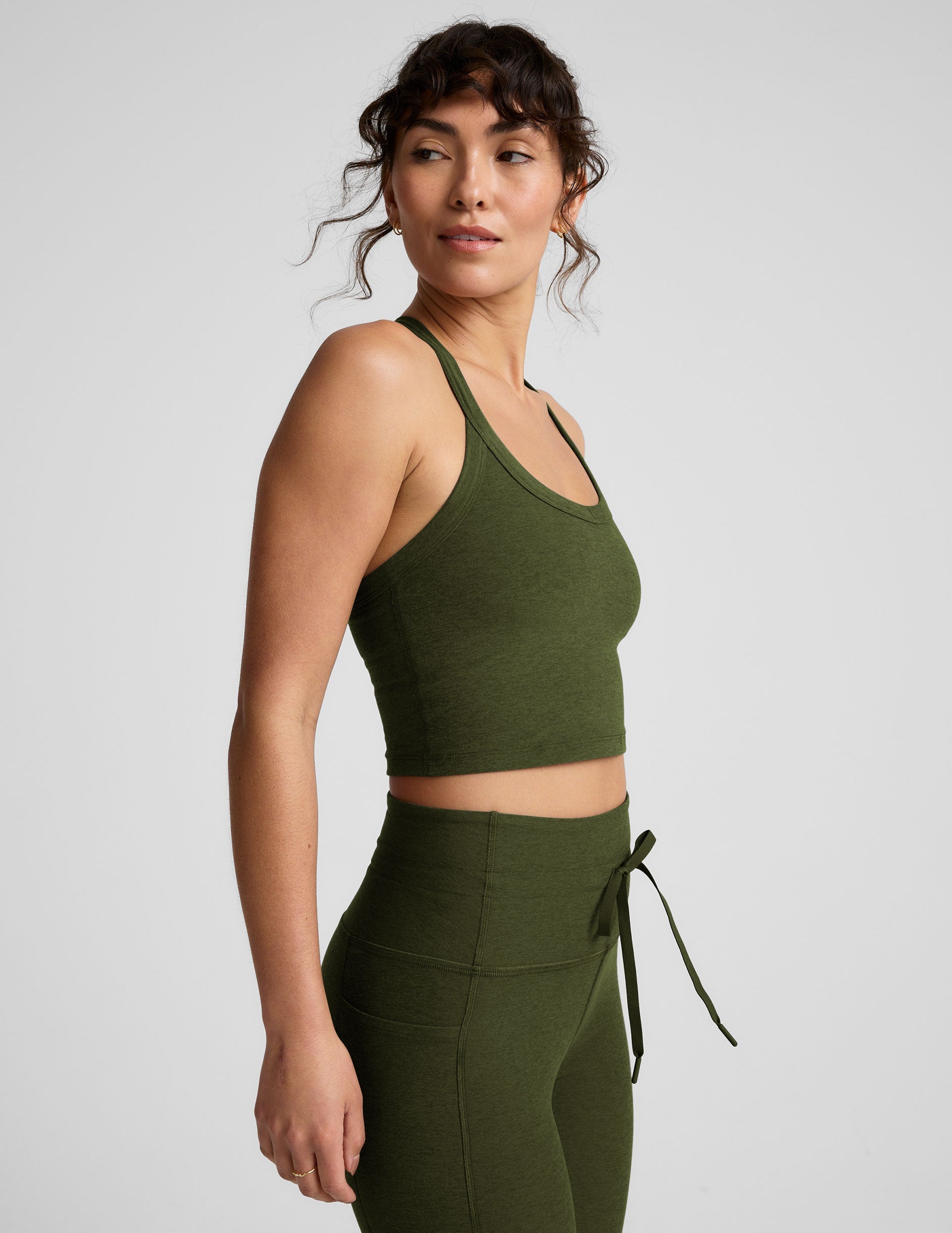 green v-neck cropped tank with a high racerback.