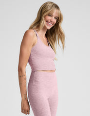 pink v-neck cropped tank top with a high racerback.