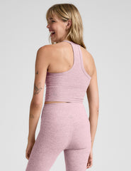 pink v-neck cropped tank top with a high racerback.
