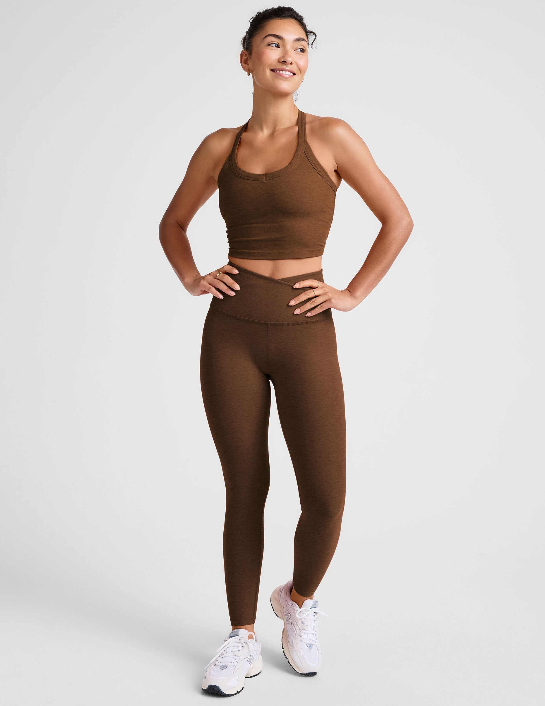 brown v-neck cropped tank top with a high racerback.