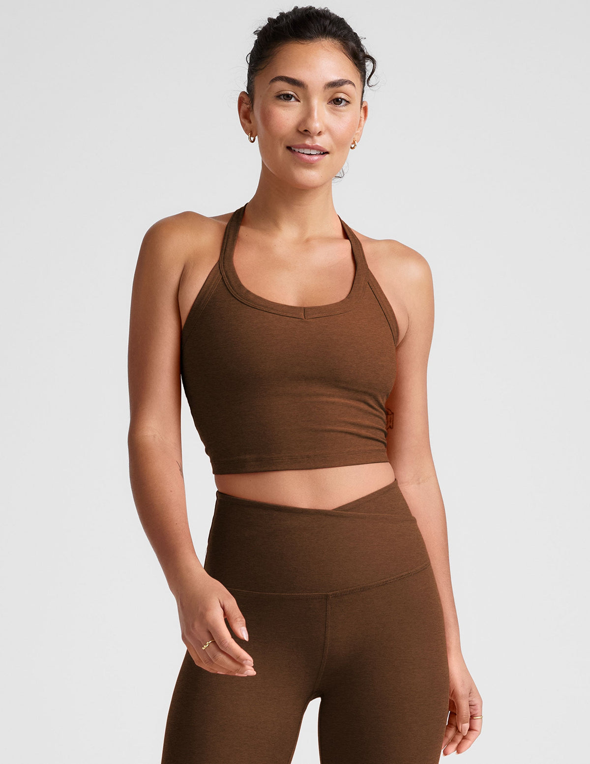 brown v-neck cropped tank top with a high racerback.