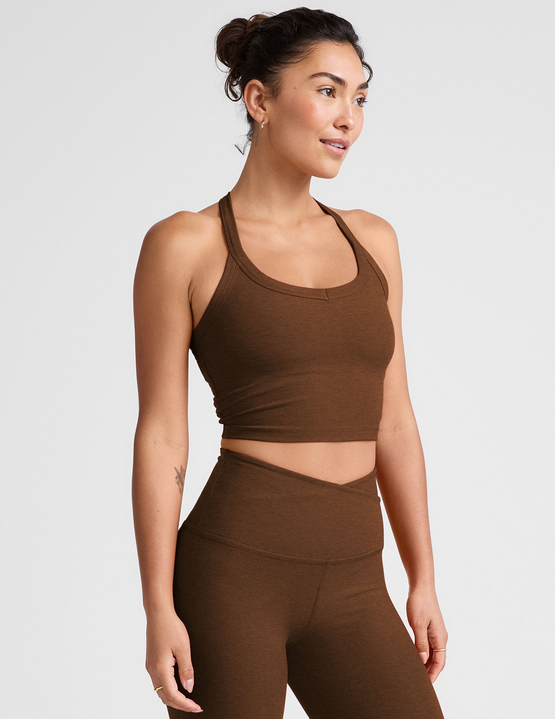 brown v-neck cropped tank top with a high racerback.