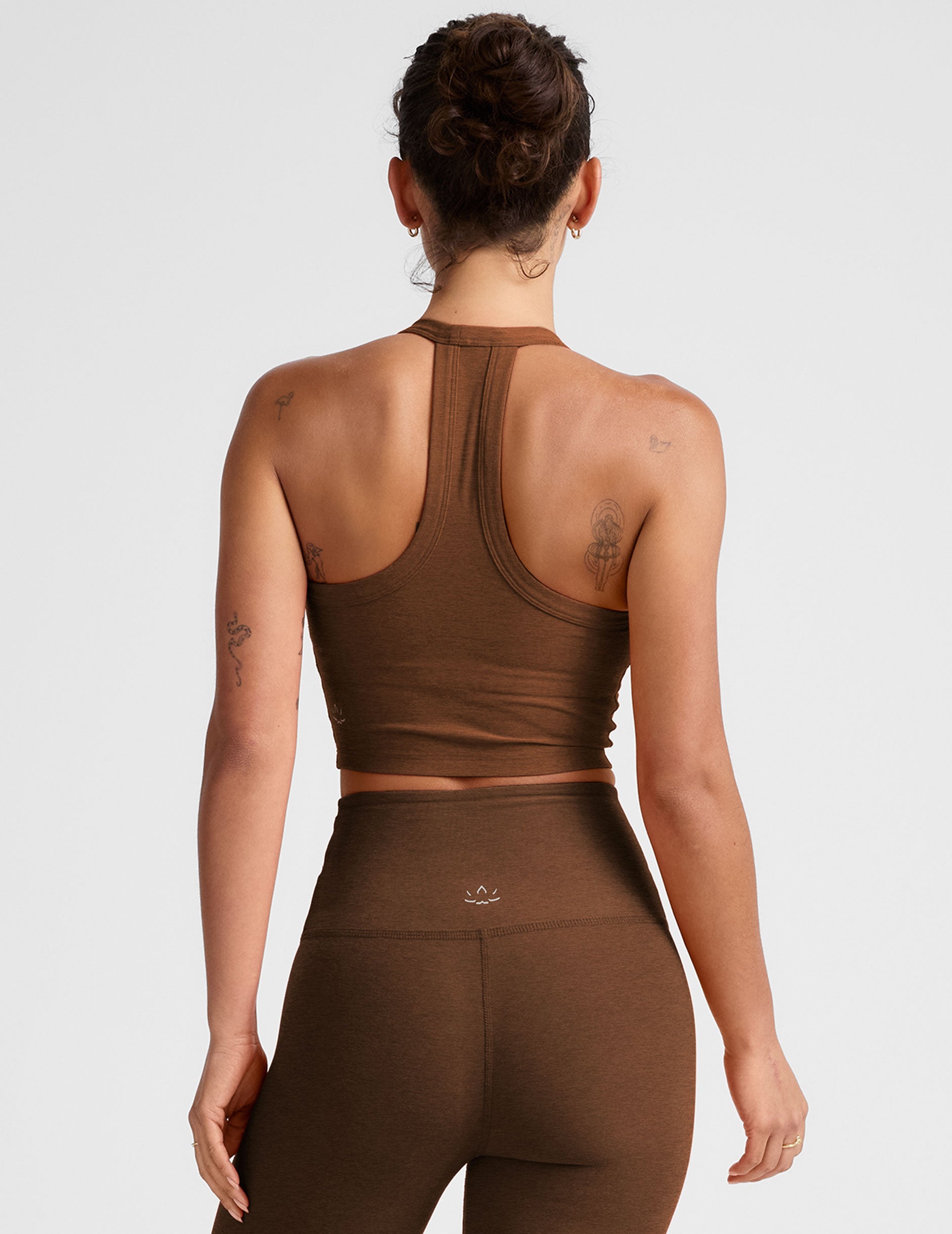 brown v-neck cropped tank top with a high racerback.