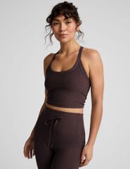 brown v-neck cropped tank top with a high racerback.
