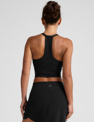 black cropped tank with a v-neckline and high racerback.