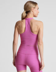 pink cropped high racerback tank with a v neckline.