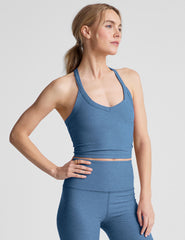 blue v-neck cropped tank top with a high racerback.