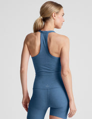 blue v-neck cropped tank top with a high racerback.