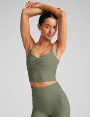 green cropped tank with ruching in front
