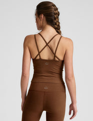 brown v-neck tank top with a back crossover back detail.