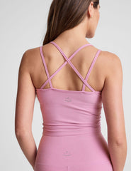 pink waist length, V neckline​ tank top with a self shelf bra and criss-cross strap back detail​. 