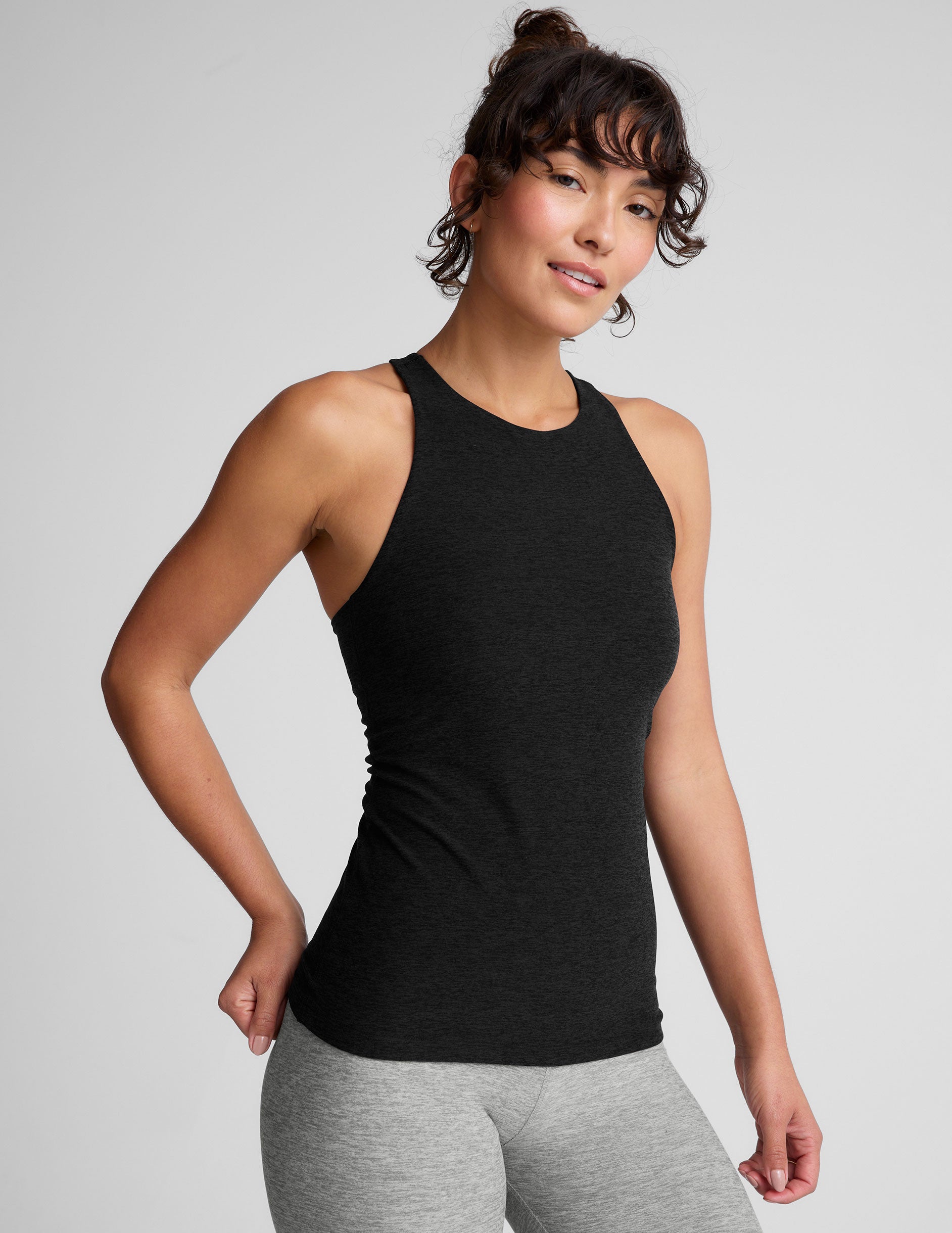 black high-neck racerback classic length tank top.