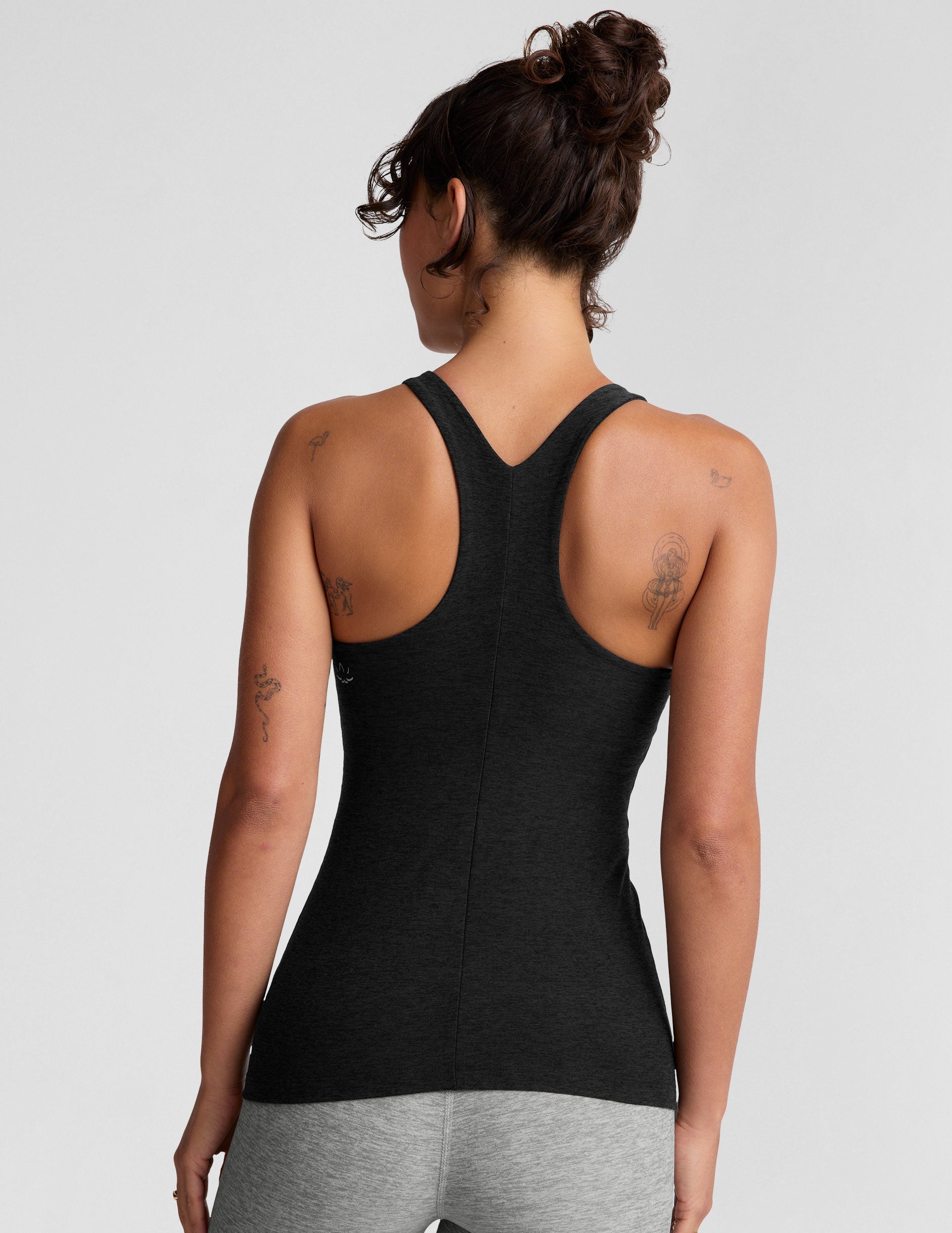 black high-neck racerback classic length tank top.