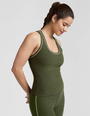 green midway length racerback tank with white contrast trim.