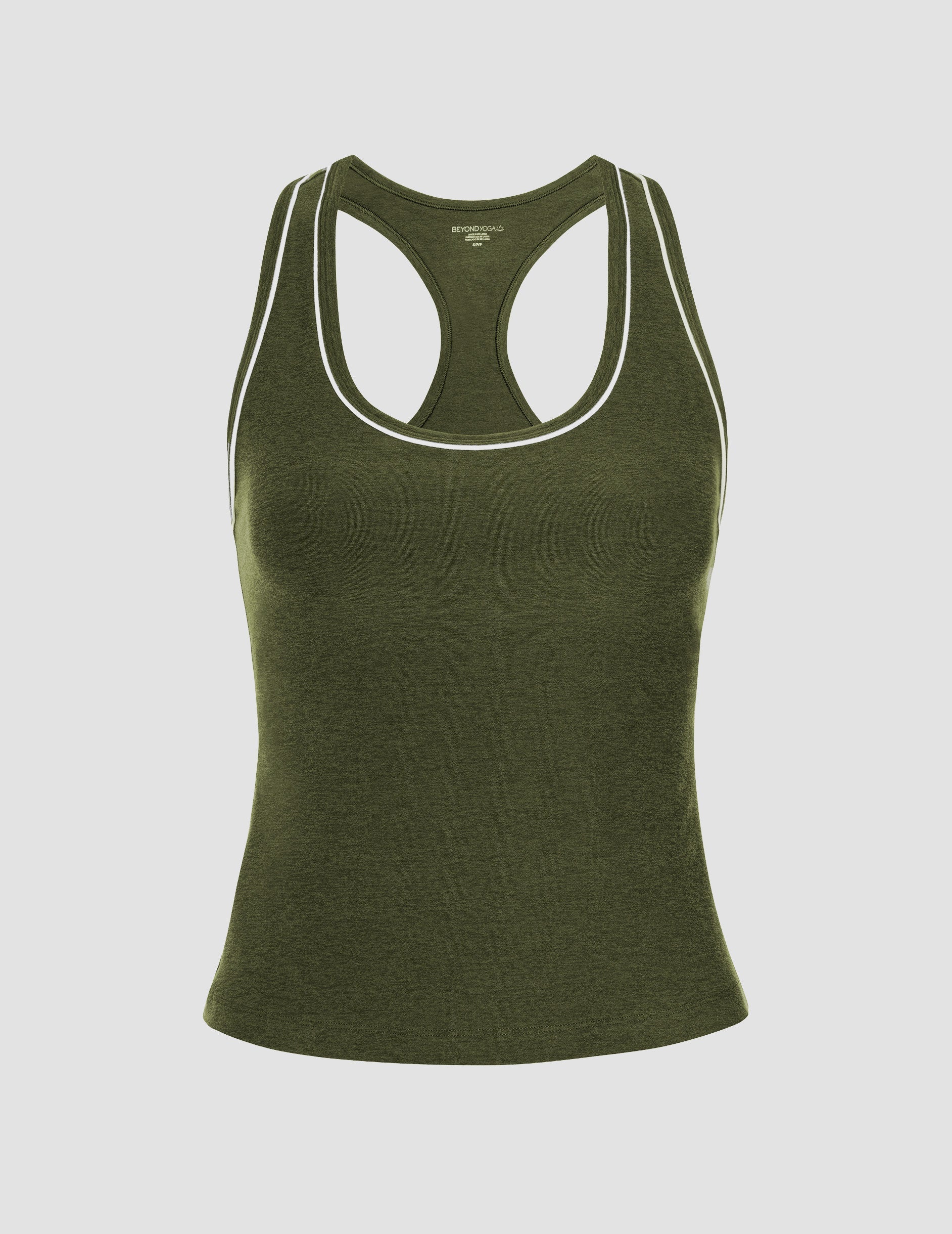 green midway length racerback tank with white contrast trim.