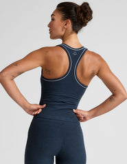 blue midway length racerback tank with white contrast trim.
