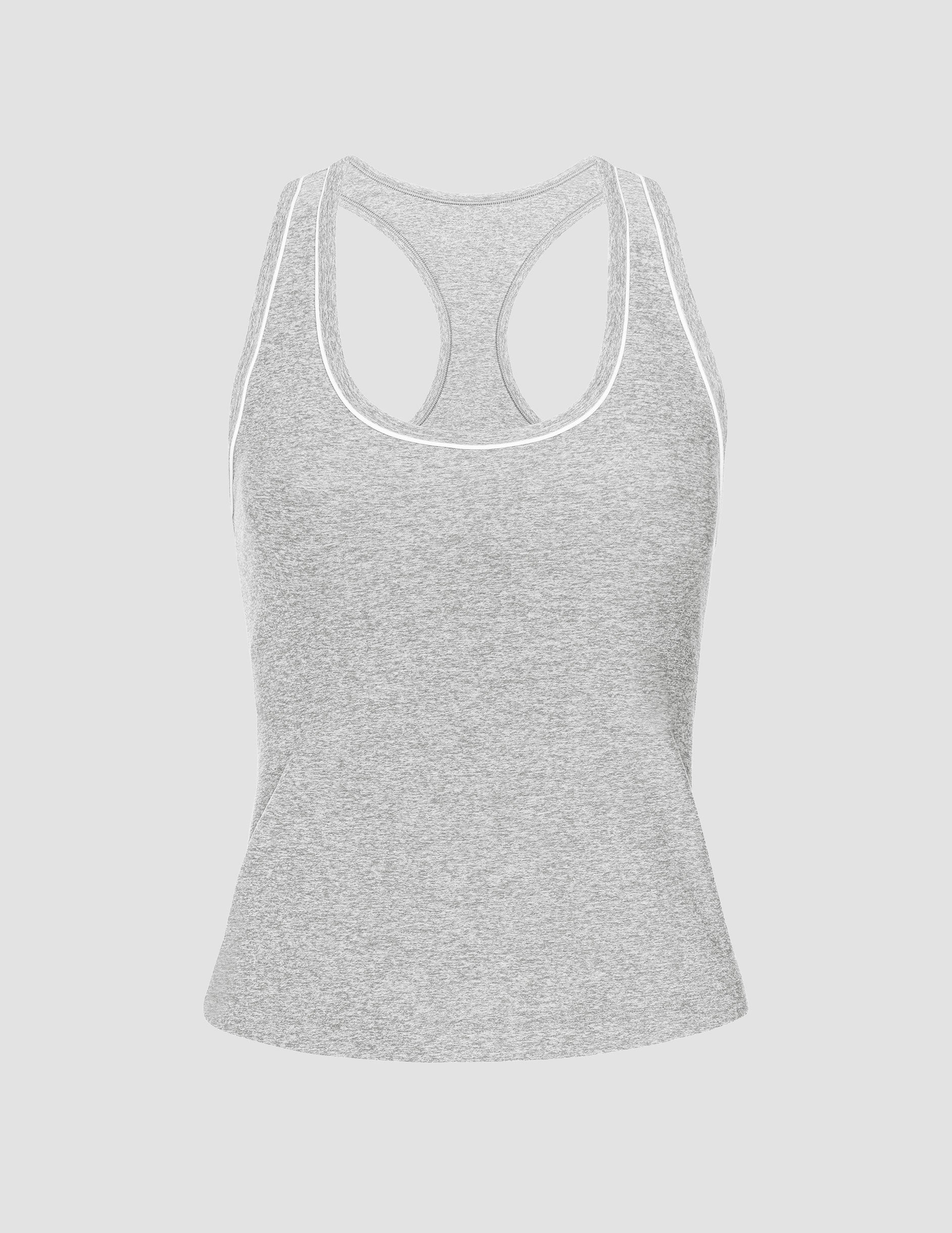 grey midway length racerback tank with white contrast trim.