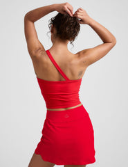 red one-shoulder strap cropped tank top.