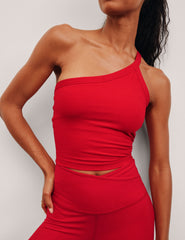 red one-shoulder strap cropped tank top.
