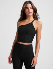 black one shoulder strap cropped tank.