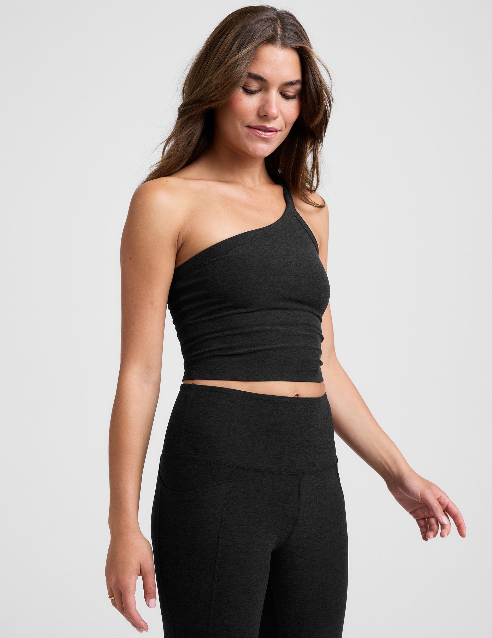 black one shoulder strap cropped tank.