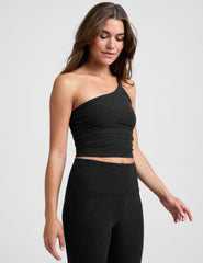 black one shoulder strap cropped tank.