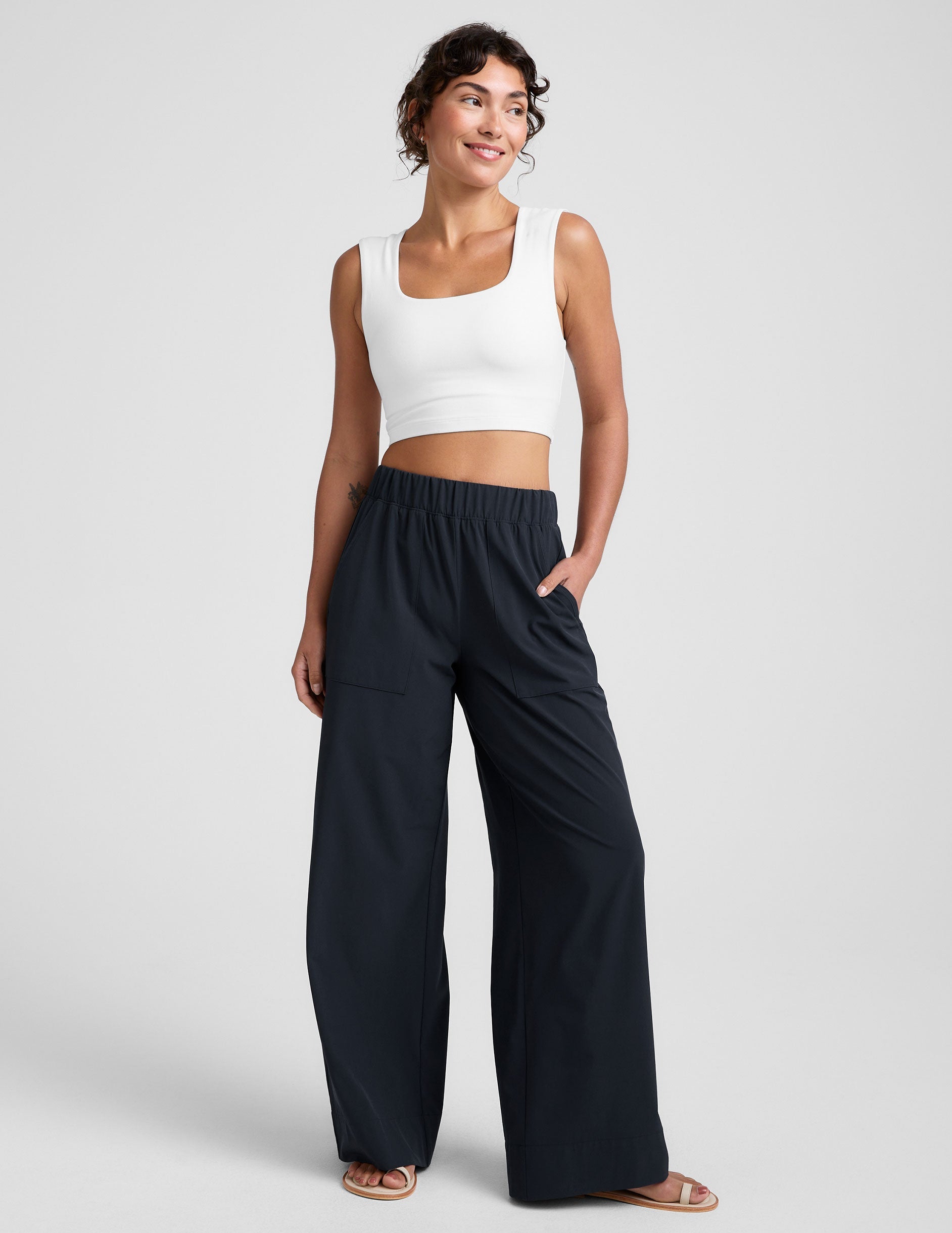 white square neck cropped tank with thick straps.