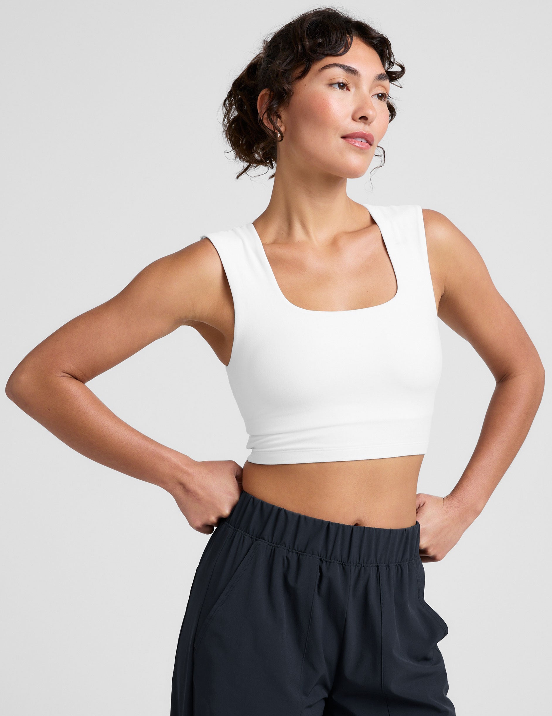white square neck cropped tank with thick straps.