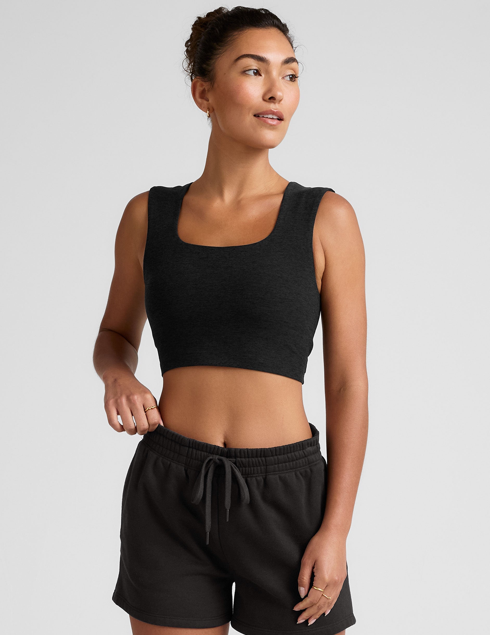 black square neck cropped tank with thick straps.