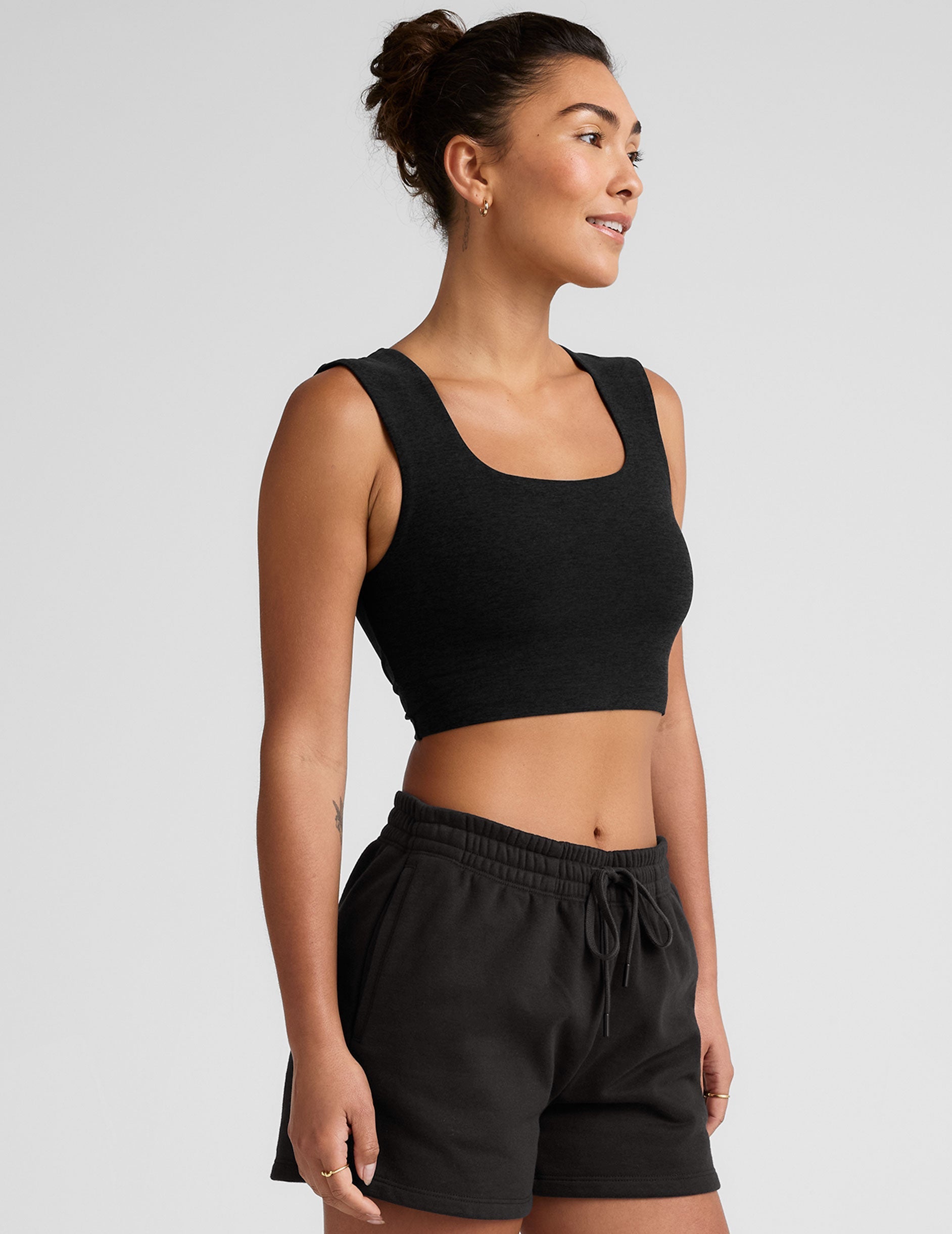 black square neck cropped tank with thick straps.