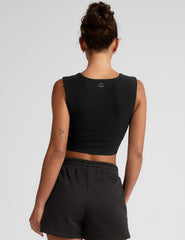 black square neck cropped tank with thick straps.