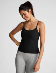 black midway length tank top with adjustable spaghetti straps.