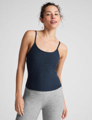 blue midway length tank with adjustable spaghetti straps.