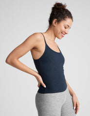 blue midway length tank with adjustable spaghetti straps.