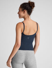 blue midway length tank with adjustable spaghetti straps.