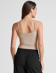 brown waist length tank top with adjustable straps.