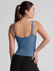 blue waist length spaghetti strap tank top.