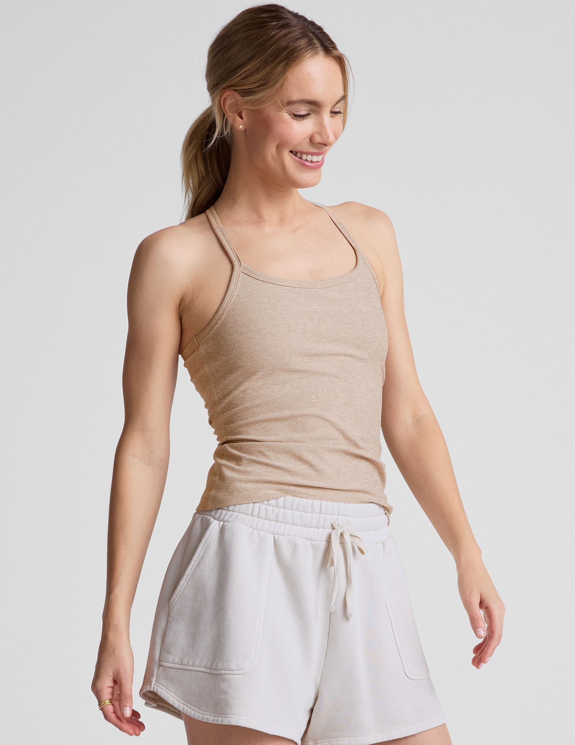 brown full length slim strapped racerback tank top.