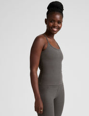 gray waist length racerback tank with slim straps.