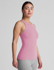 pink classic length high scoop neck racerback tank top.