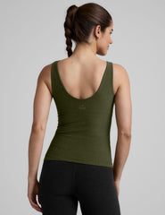green long length tank top with a front and back v neckline.