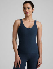 blue full length tank top with a soft front and back v-neckline.