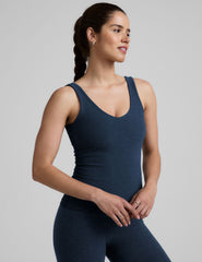 blue full length tank top with a soft front and back v-neckline.
